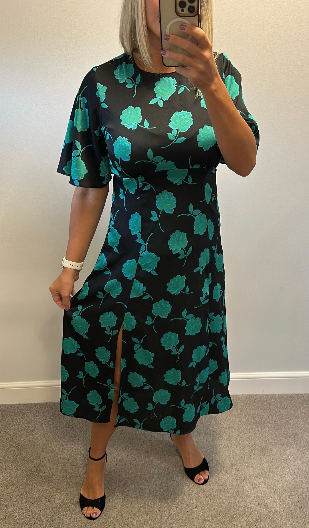 New look black / green floral dress size 14