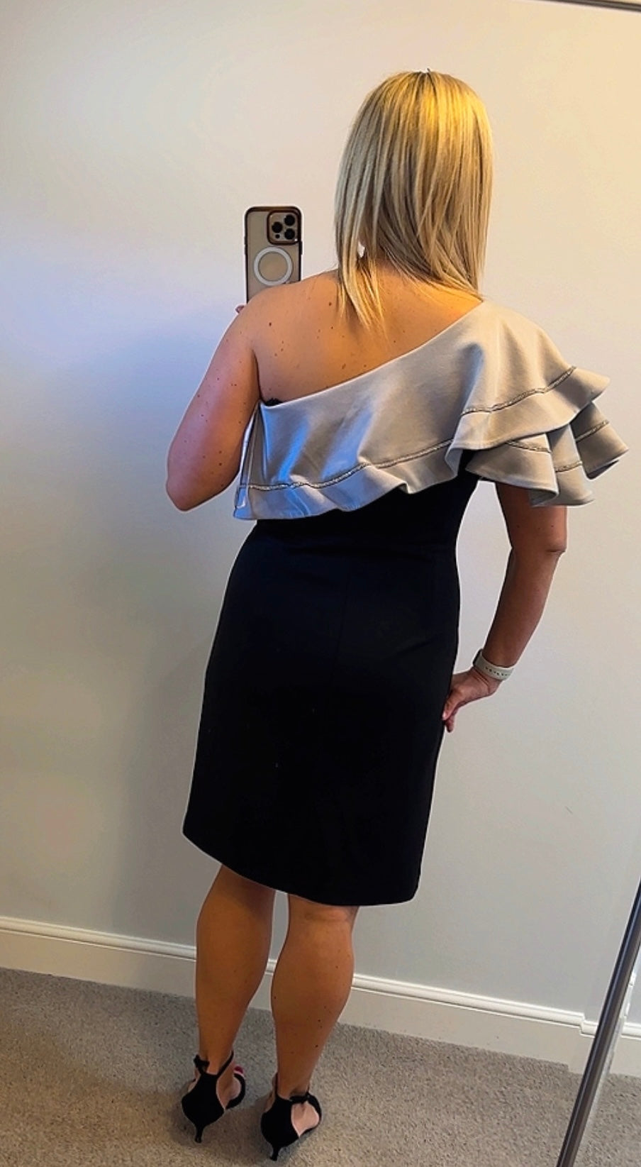 Frank Lyman black and silver one shoulder dress size 14