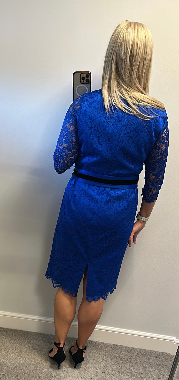 Luis Civit blue lace dress with removable belt size 16