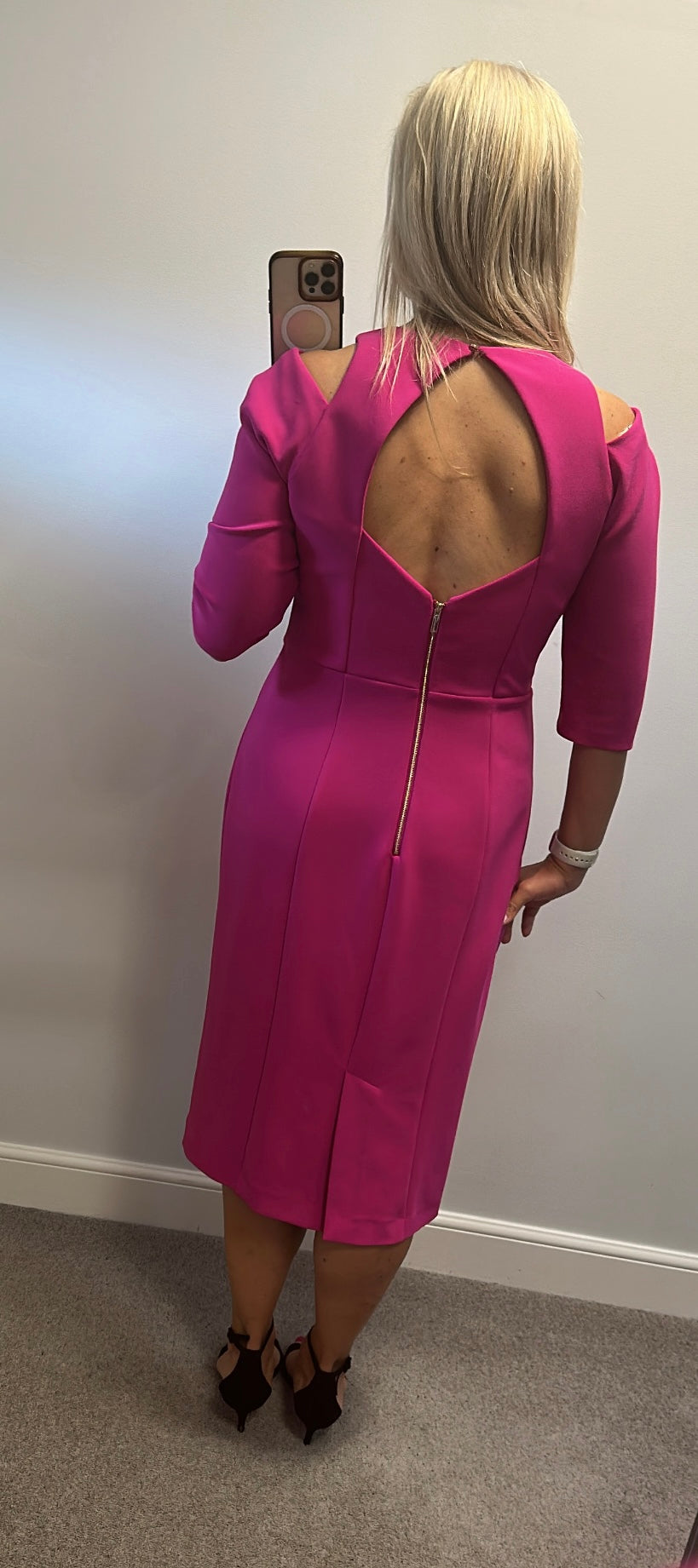 Karen Millen fuchsia pink / purple midi cold should dress size 16