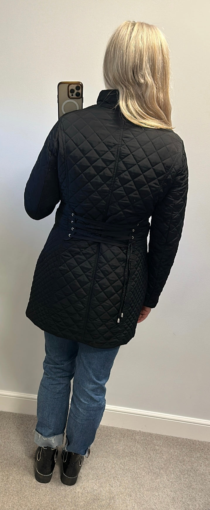 Patrizia Dini black diamond quilted mid length zip up jacket size 12 also available in beige