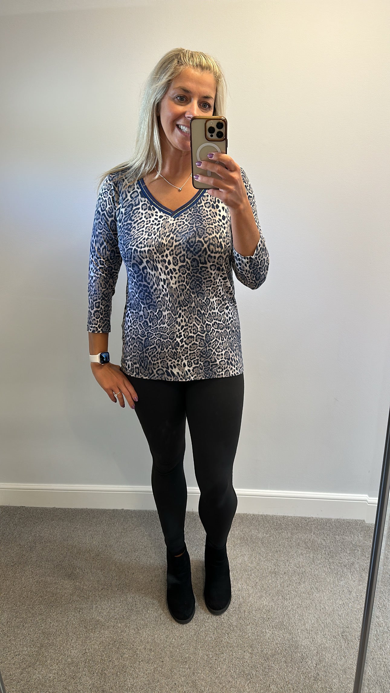 Bianca navy animal print jumper would fit upto size 16