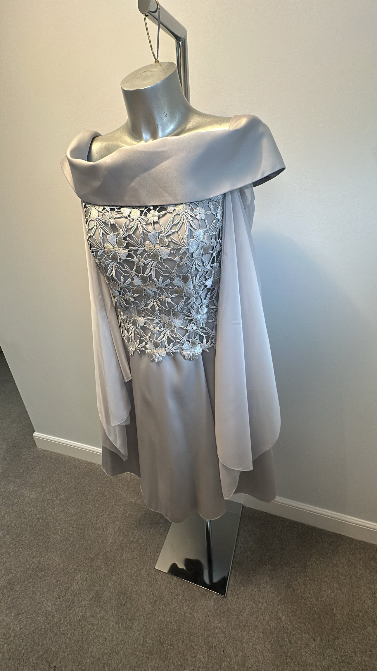 Sonia Pena silver grey lace occasional off shoulder dress