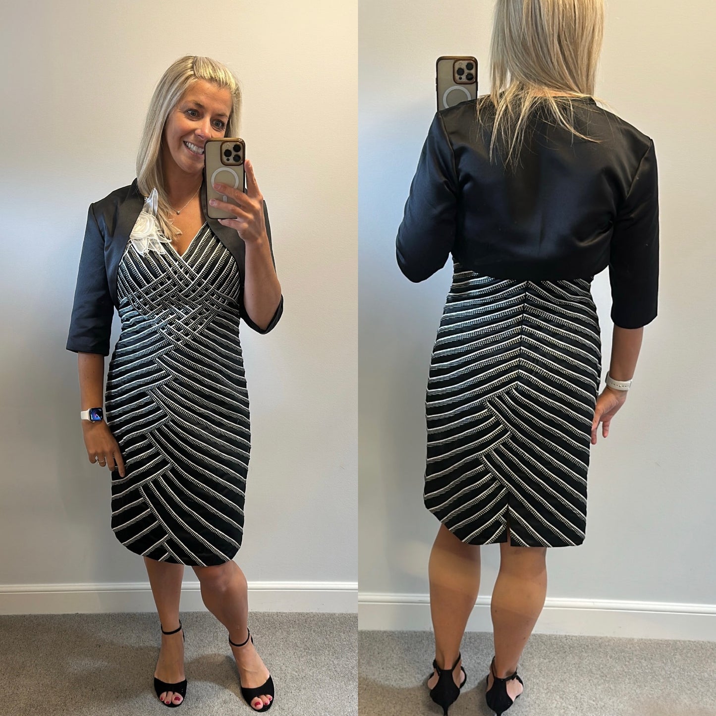 Sonia Pena Black and white stripe dress and jacket size 12 with shawl
