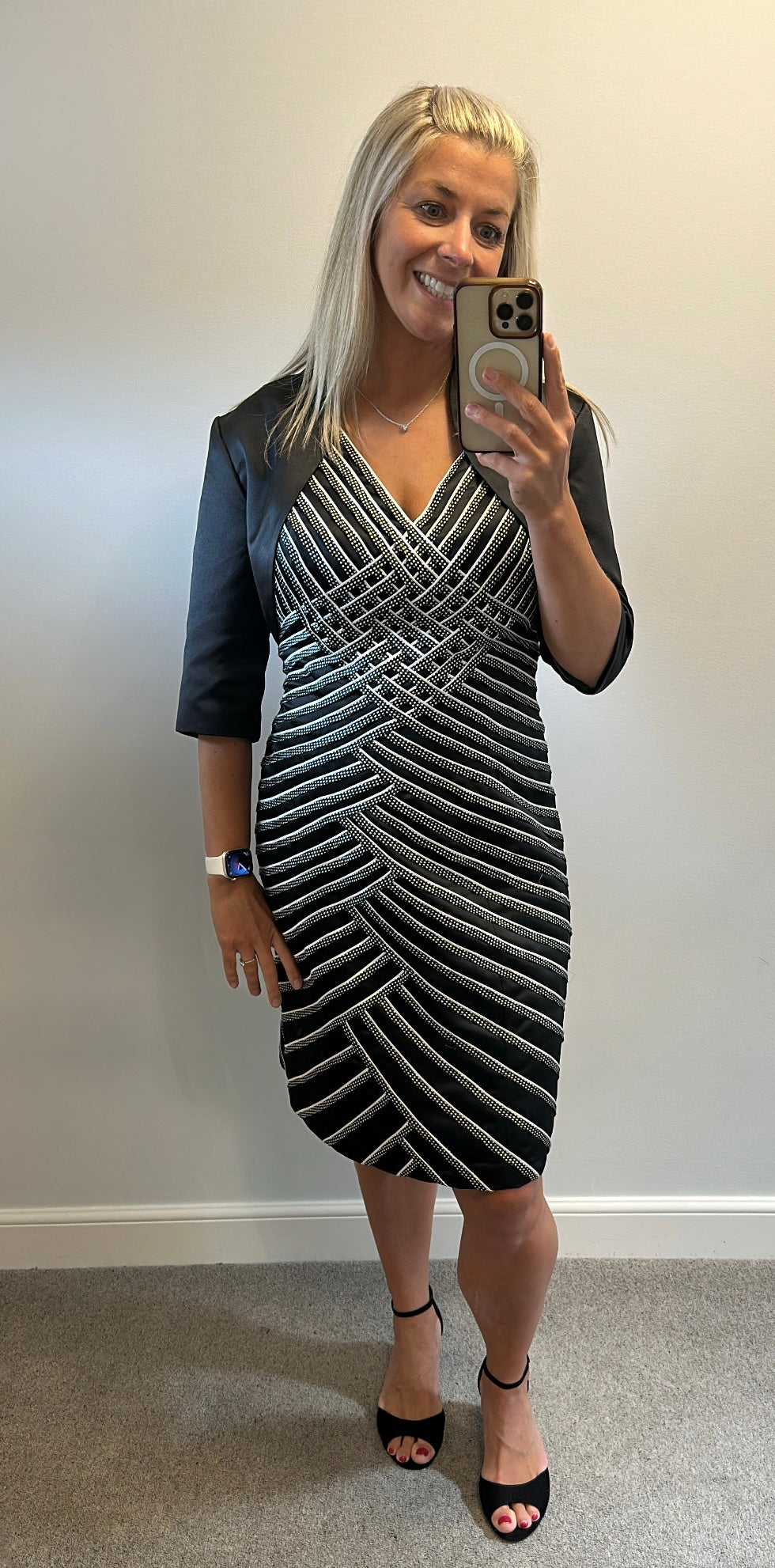 Sonia Pena Black and white stripe dress and jacket size 12 with shawl