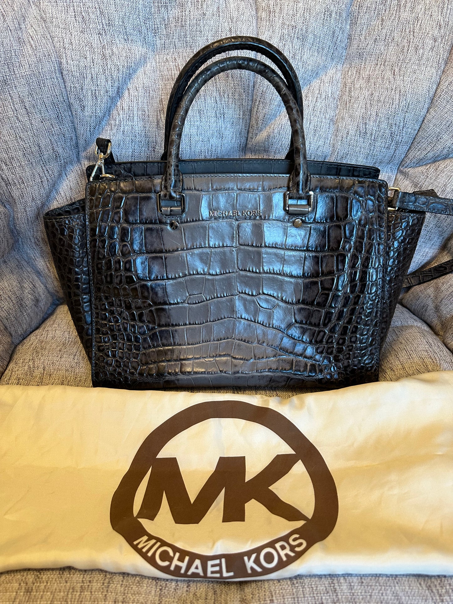 Michael Kors Selma grey Croc Embossed Leather Satchel Handbag.