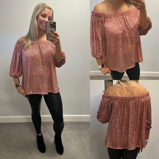River island rose pink sequin off shoulder top size 18 brand new with tags