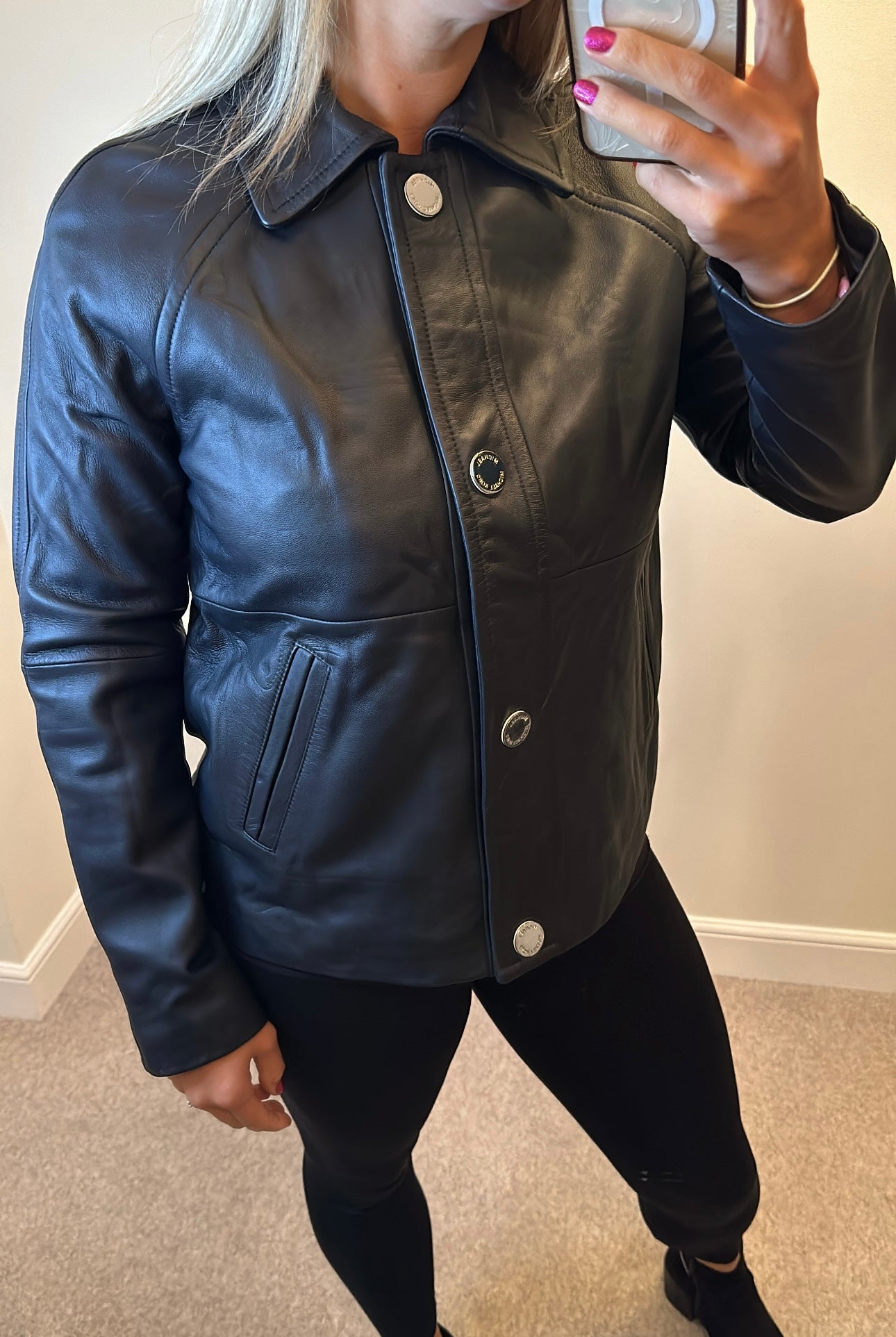 Michael Kors navy leather jacket size M fit upto size 14