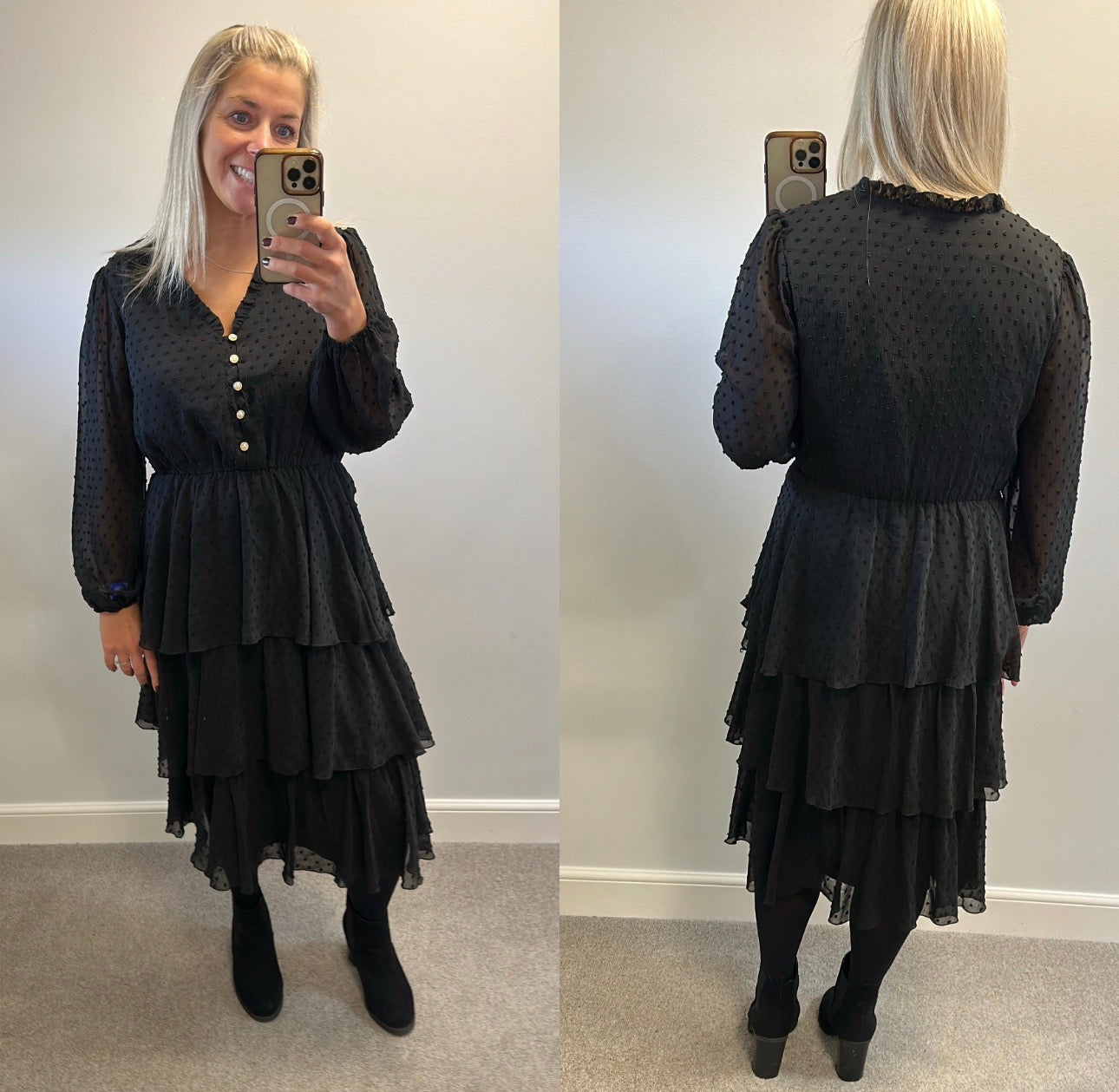 JD Williams black pearl button ruffle dress size 14