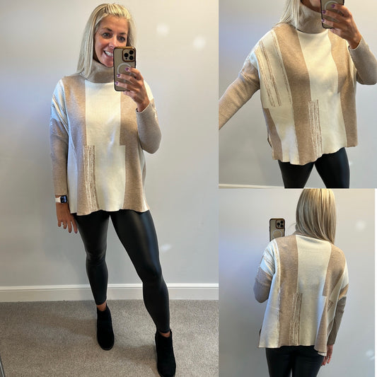 Beige and cream print jumper one size fitting upto size 20 brand new without tags
