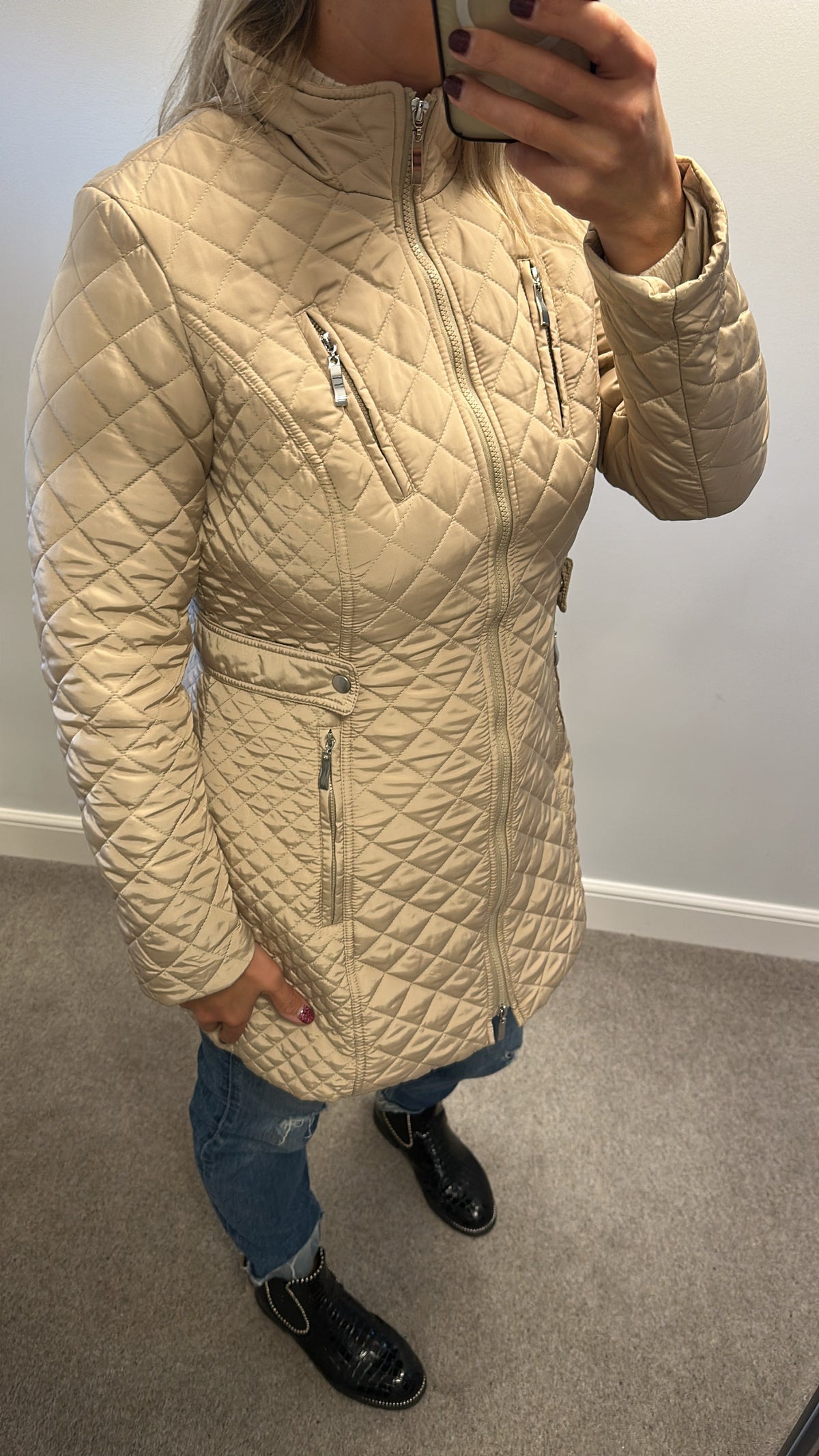 Patrizia Dini beige diamond quilted mid length zip up jacket size 12 also available in black