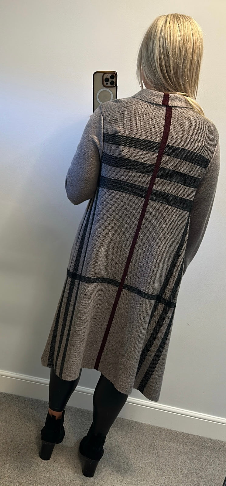 Kaleidoscope taupe check wrap over coat / wool cardigan size 12 but oversized would fit upto size 16