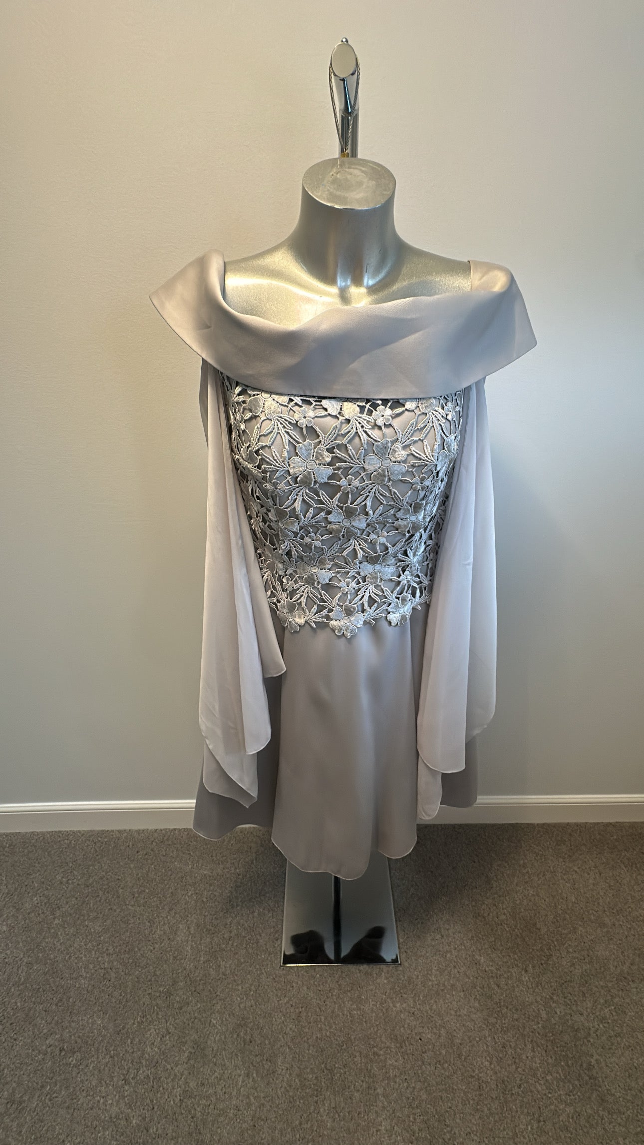 Sonia Pena silver grey lace occasional off shoulder dress