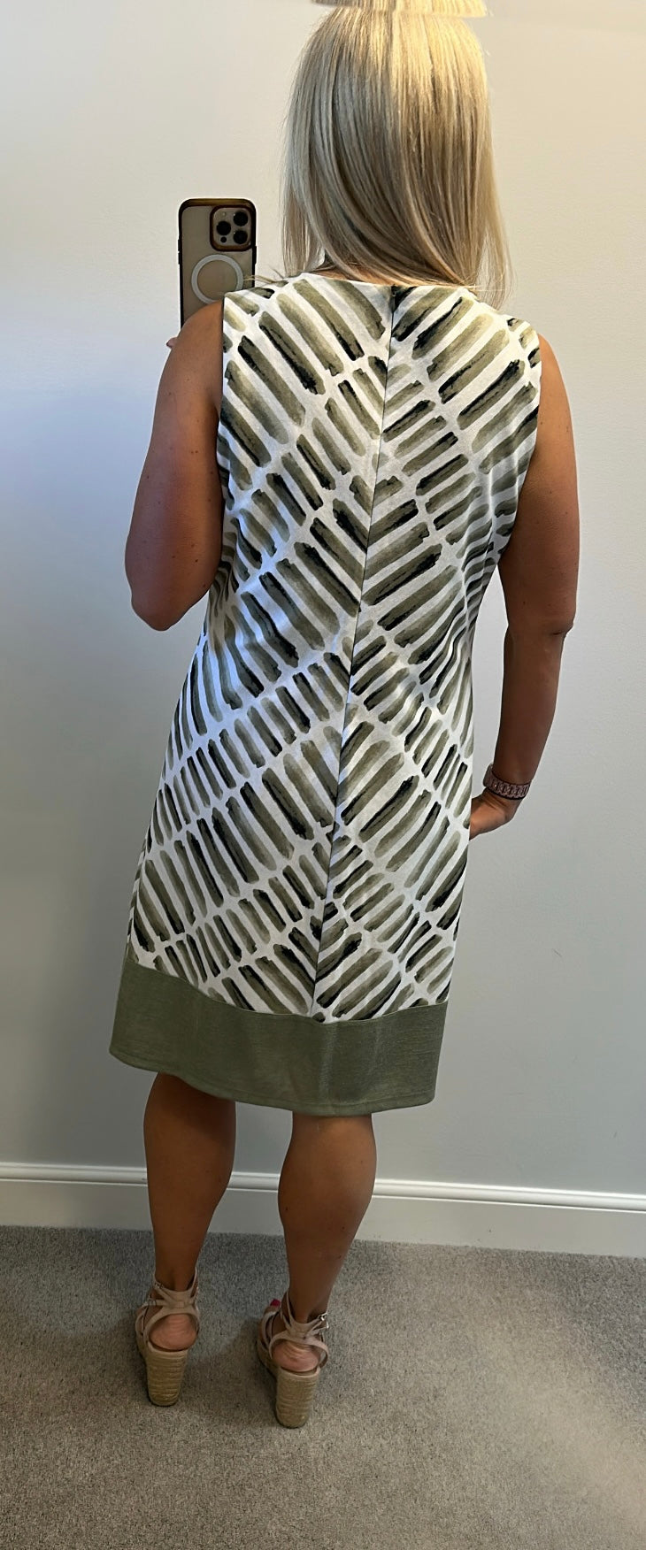 Picadilly khaki green print dress and cardigan size L would fit upto size 16