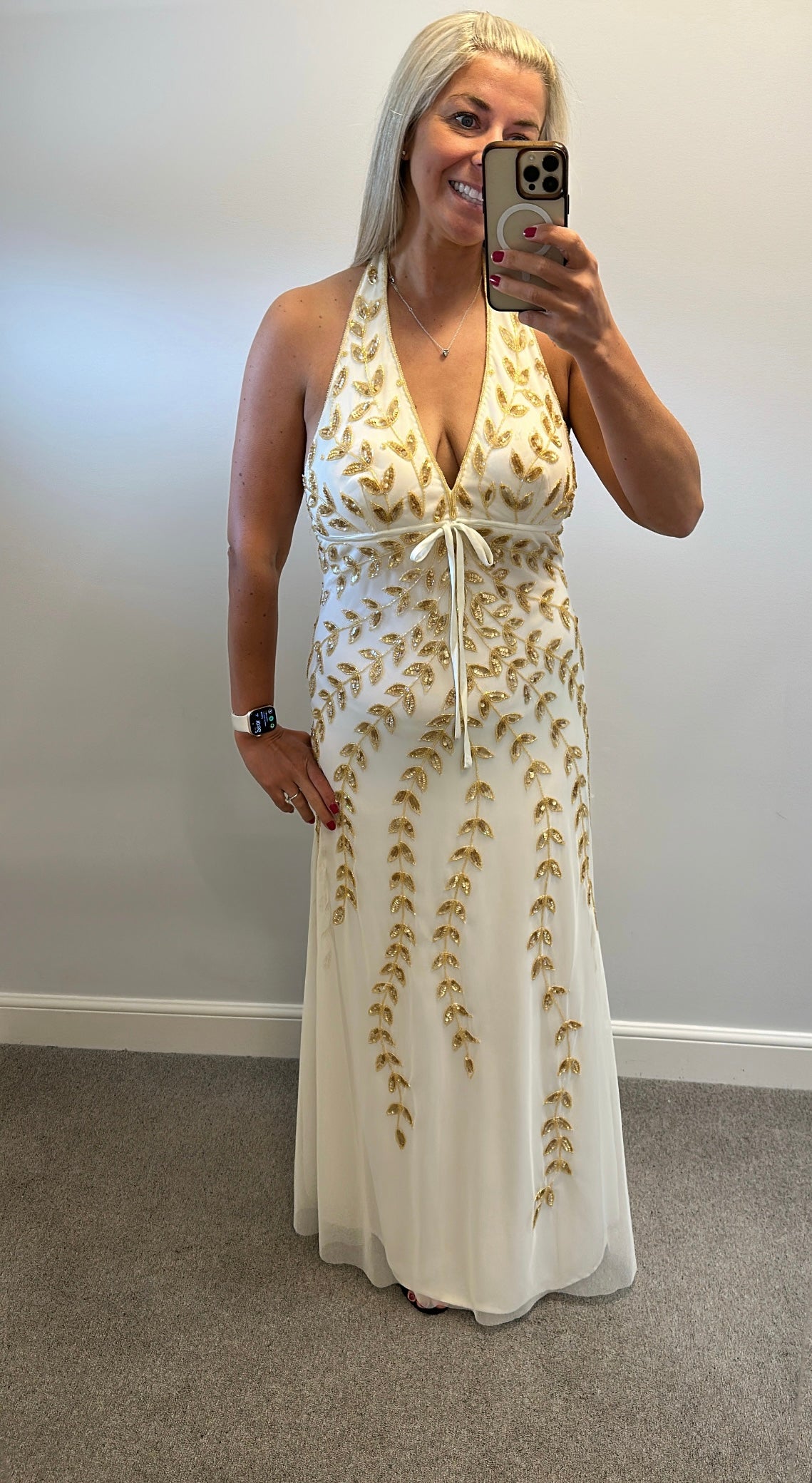Night way collections Cream gold embellished evening dress size 12