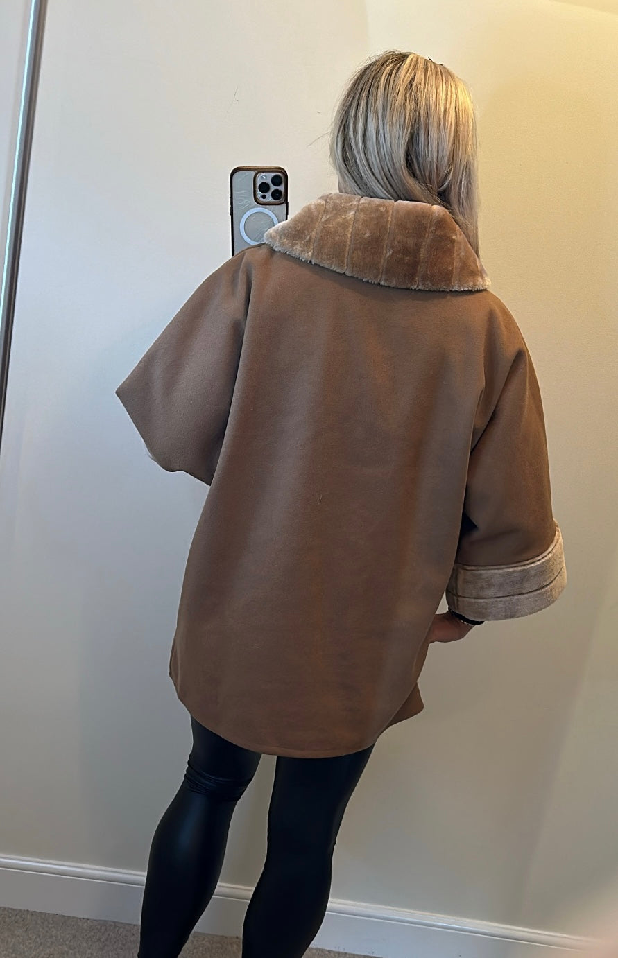 Camel faux fur trim coat / jacket / poncho