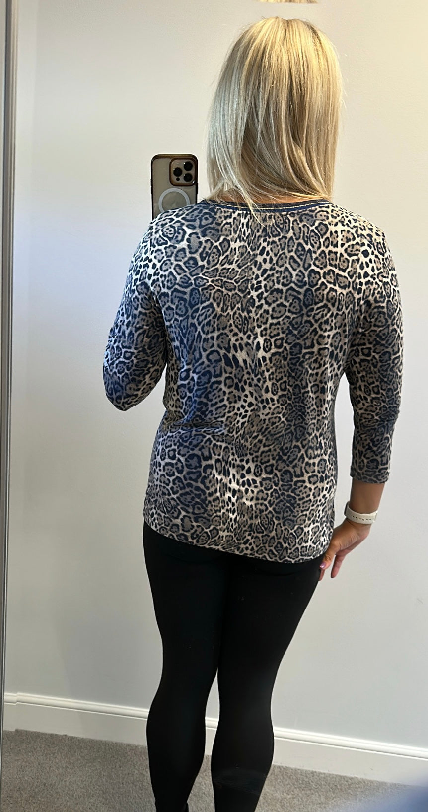 Bianca navy animal print jumper would fit upto size 16