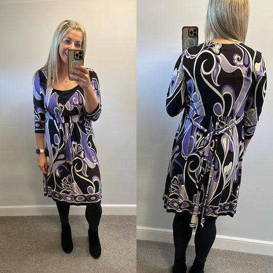 Wallis purple and black print dress size 16