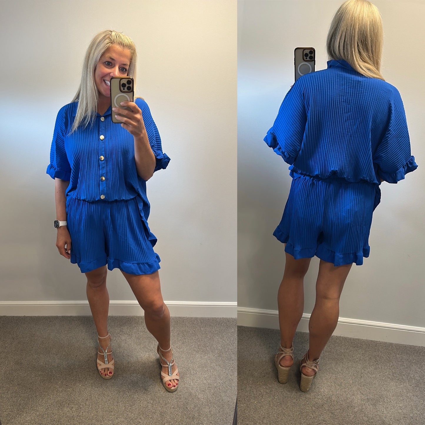 New collection blue pleated top and shorts set one size fitting up to size 22