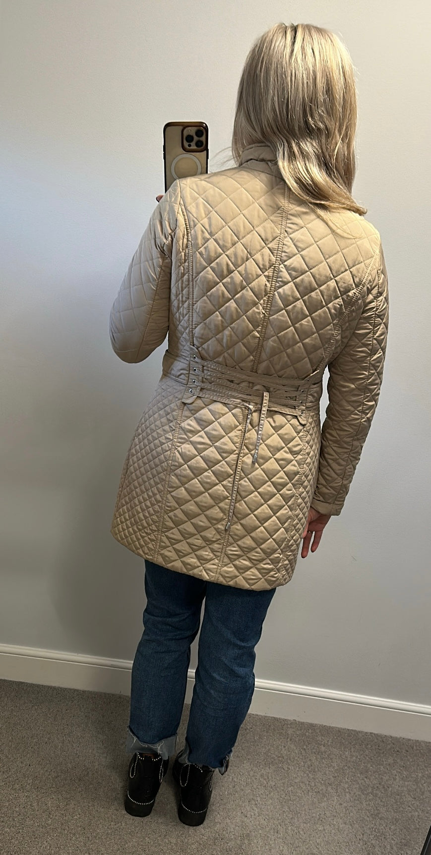 Patrizia Dini beige diamond quilted mid length zip up jacket size 12 also available in black
