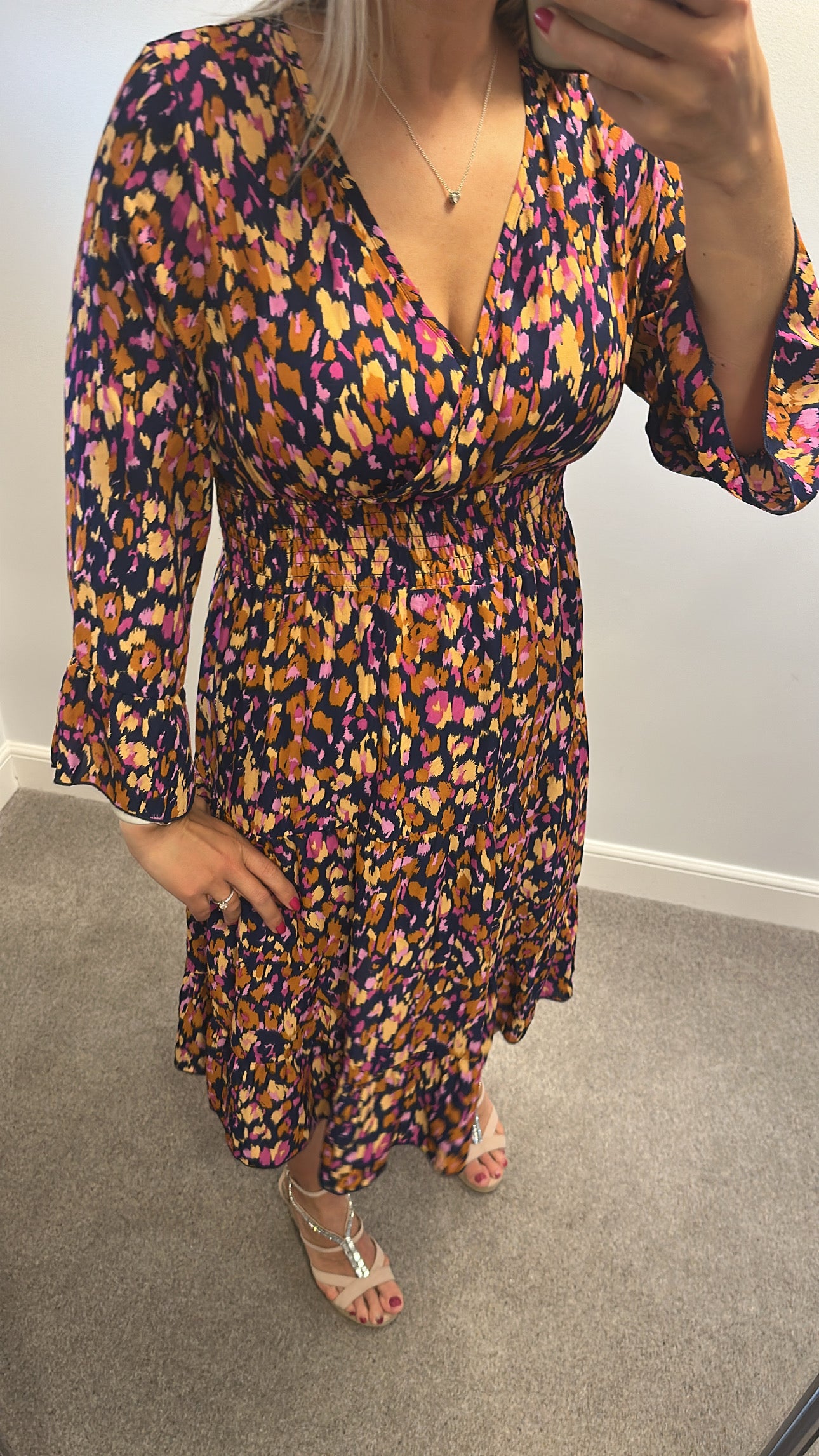 Navy Multi coloured print dress size L would fit upto size 14