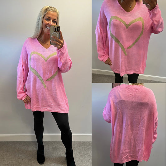 Laundry b Pink and gold heart jumper one size fitting upto size 26 brand new with tags