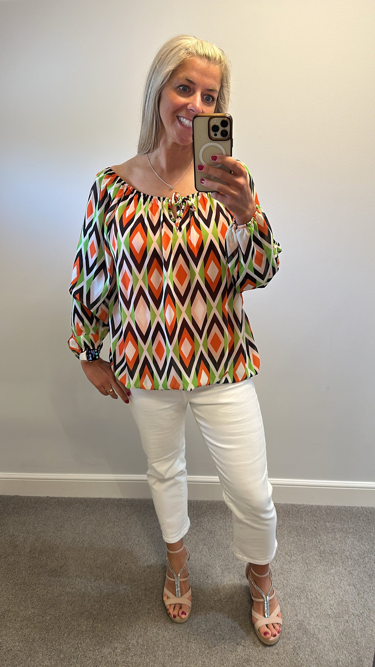 Multi print off the shoulder top one size fitting upto size 16