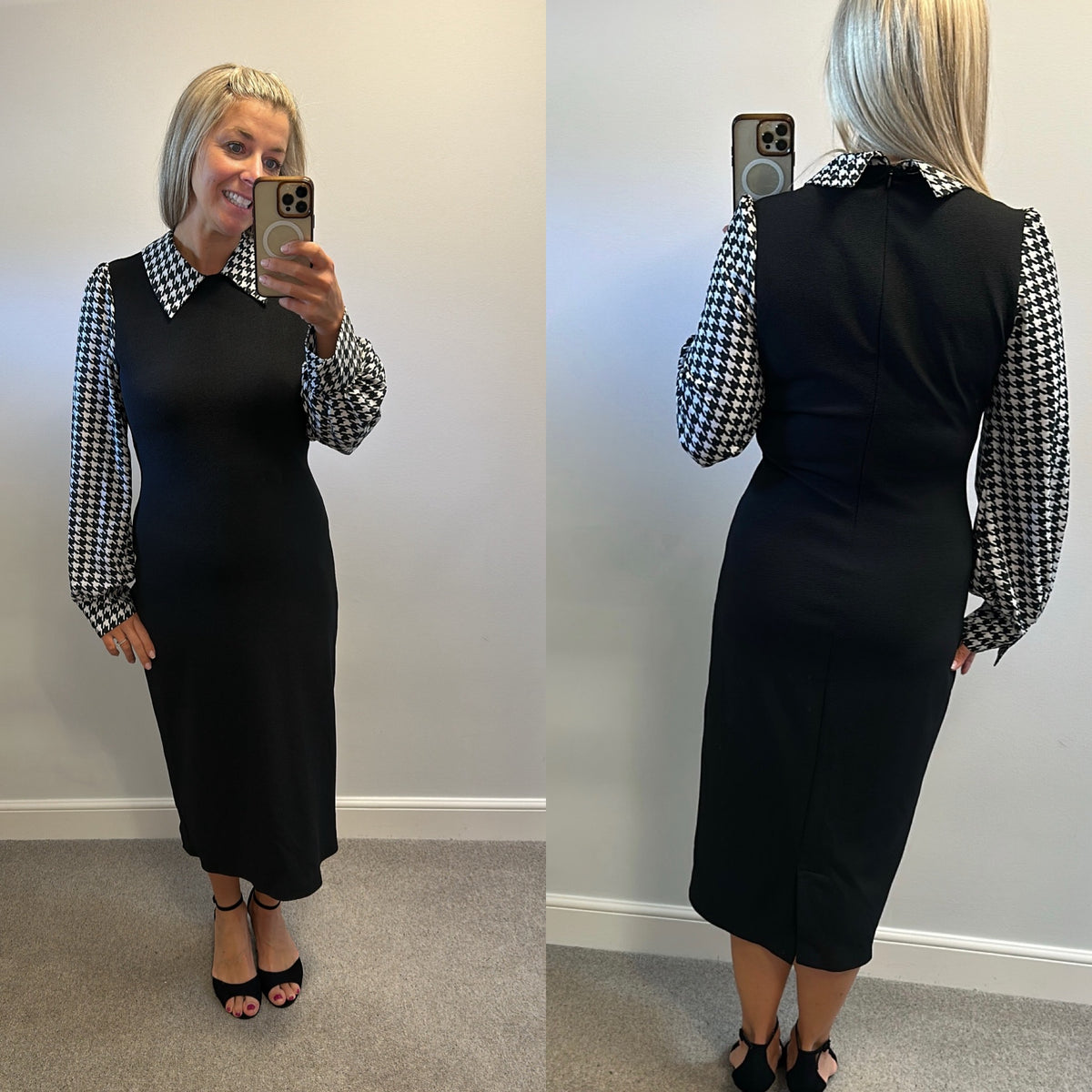 Black dog tooth midi dress one size fitting upto size 14
