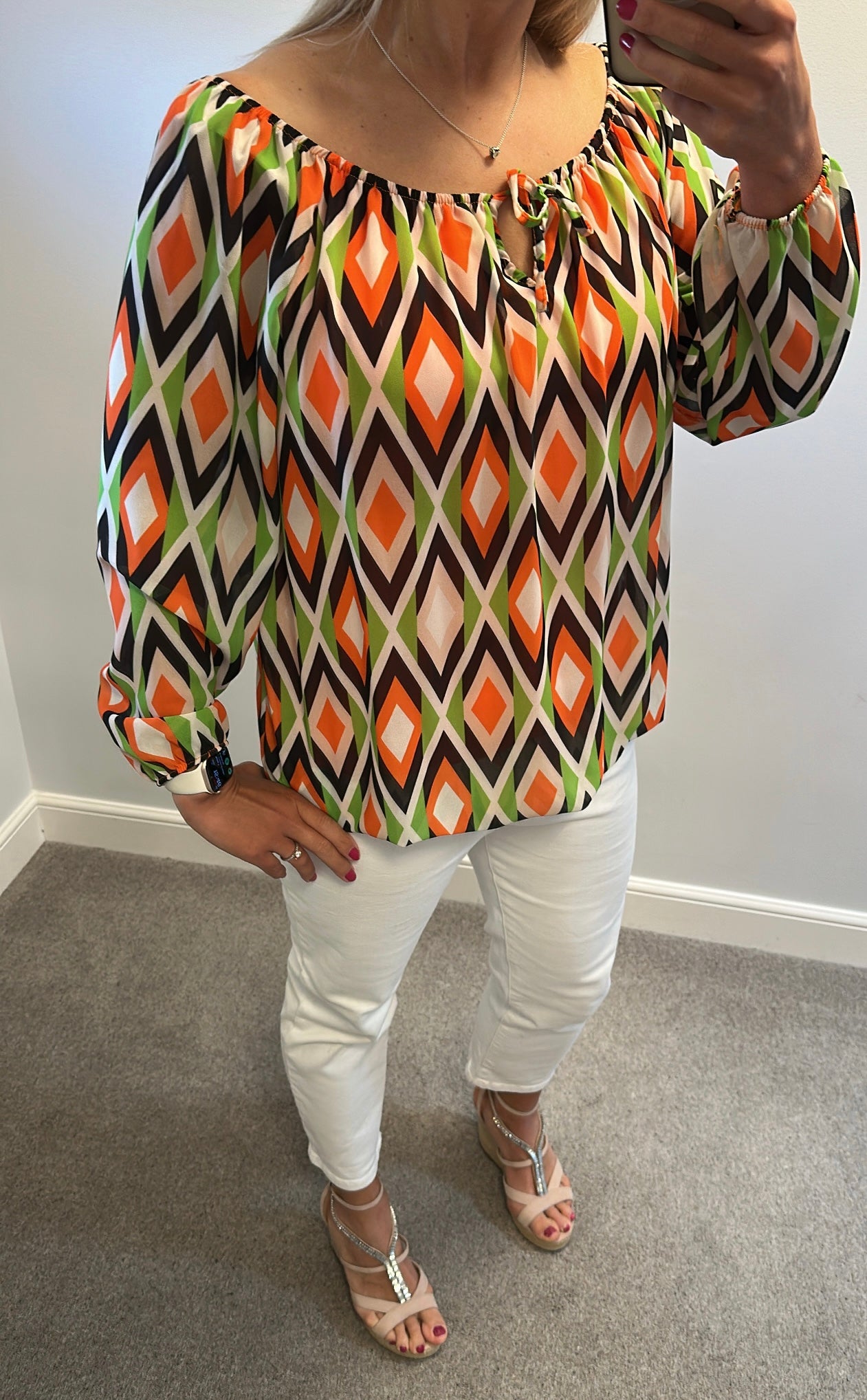 Multi print off the shoulder top one size fitting upto size 16
