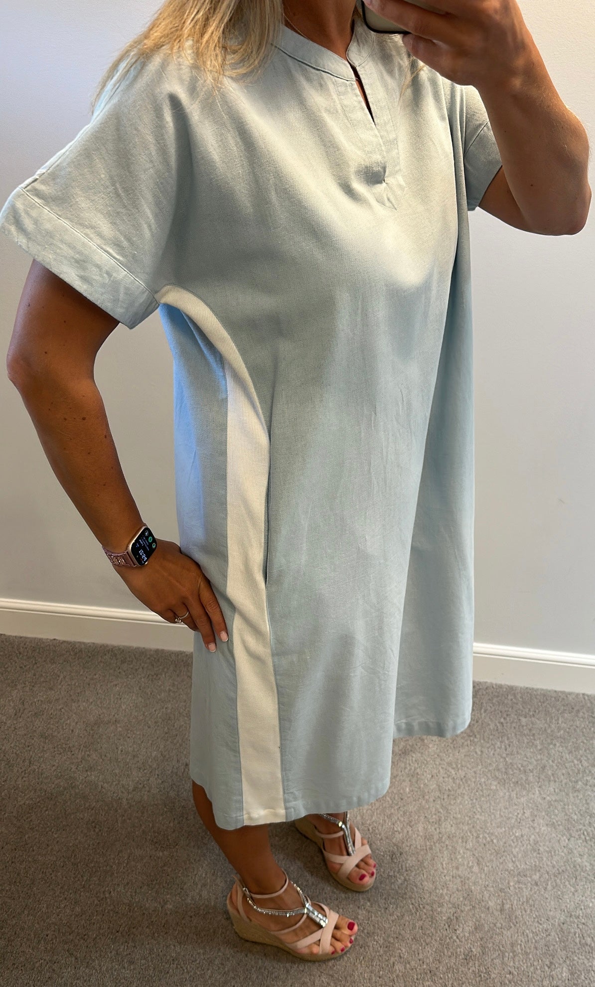 Alice Collins cotton / linen light blue midi dress with side stripe size 16