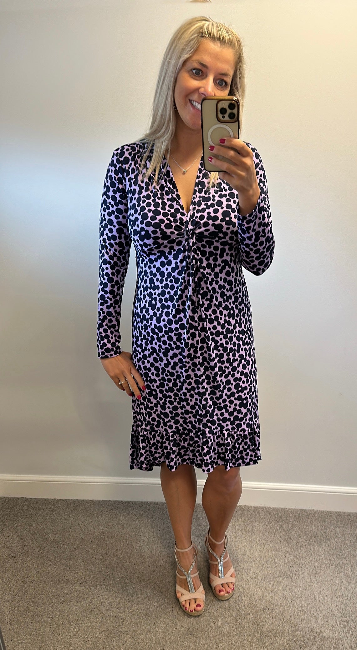 Kaleidoscope purple and navy polka dot dress size 14