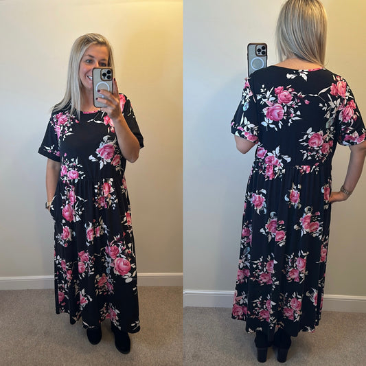 Nemidor black floral dress with pockets size 24