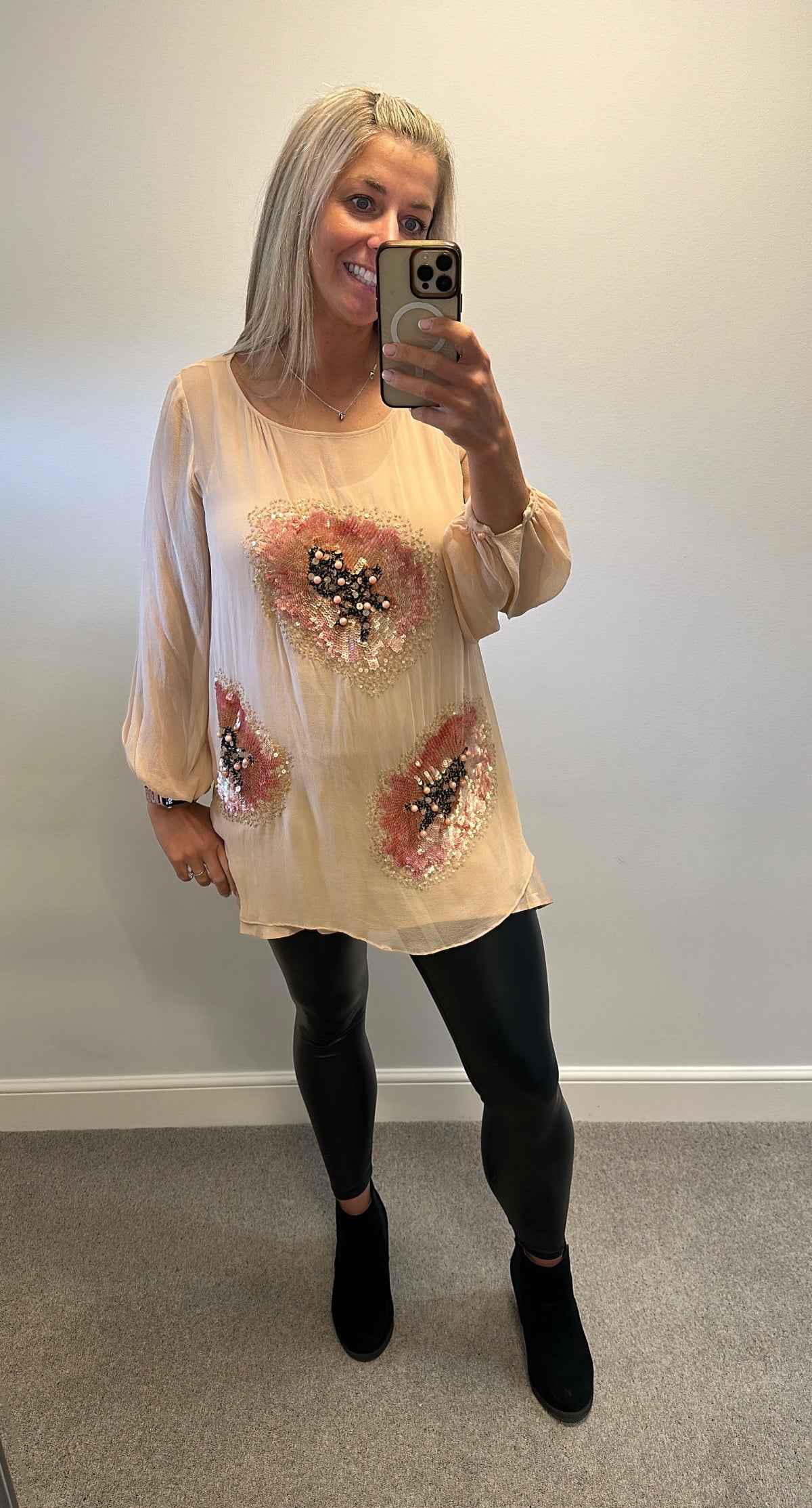 Peruna Peach embellished pure silk top size 16