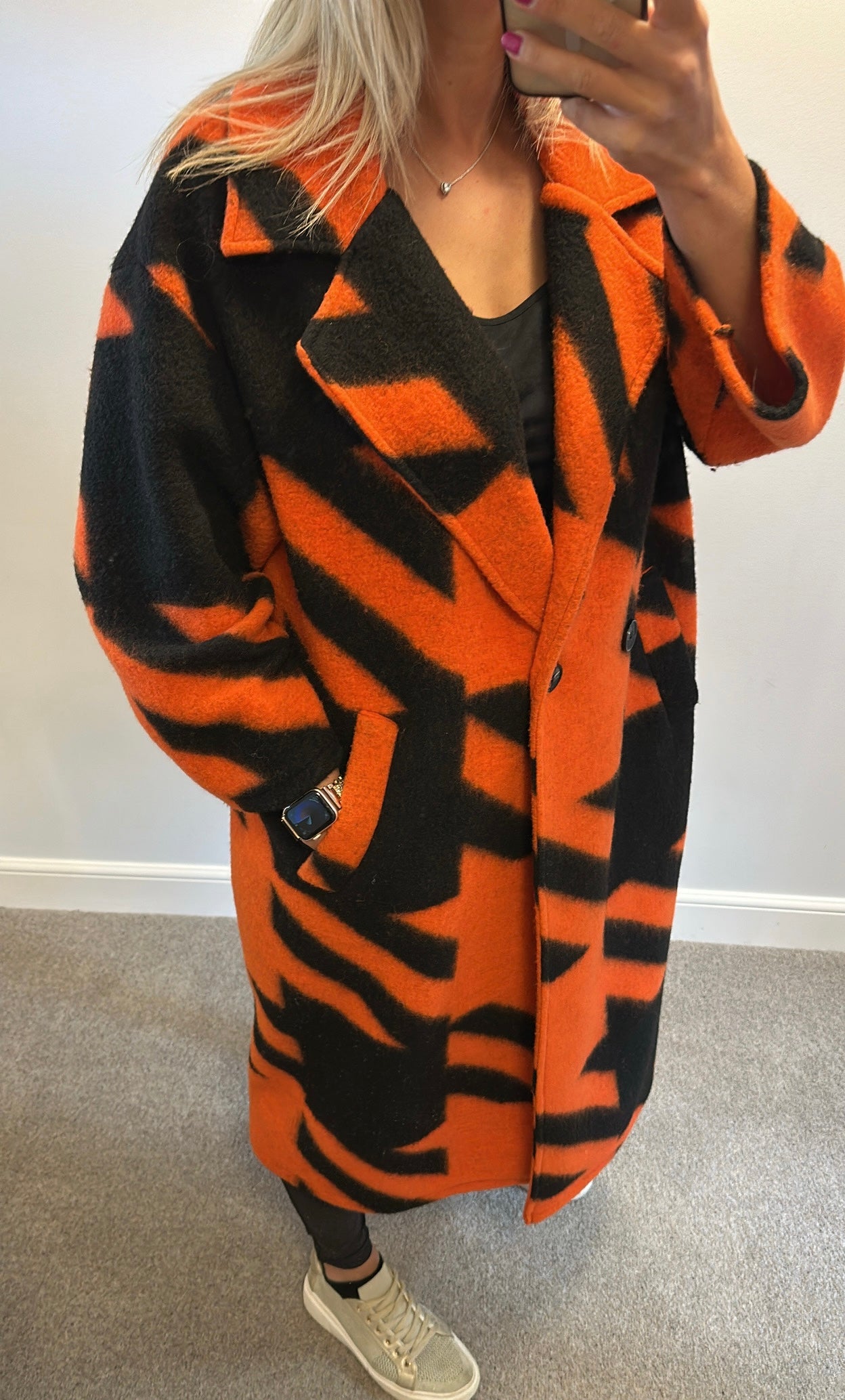 Orange/ black print coatigan one size
