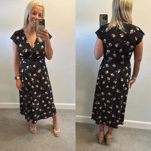 Black floral polka dot dress one size fitting upto size 16