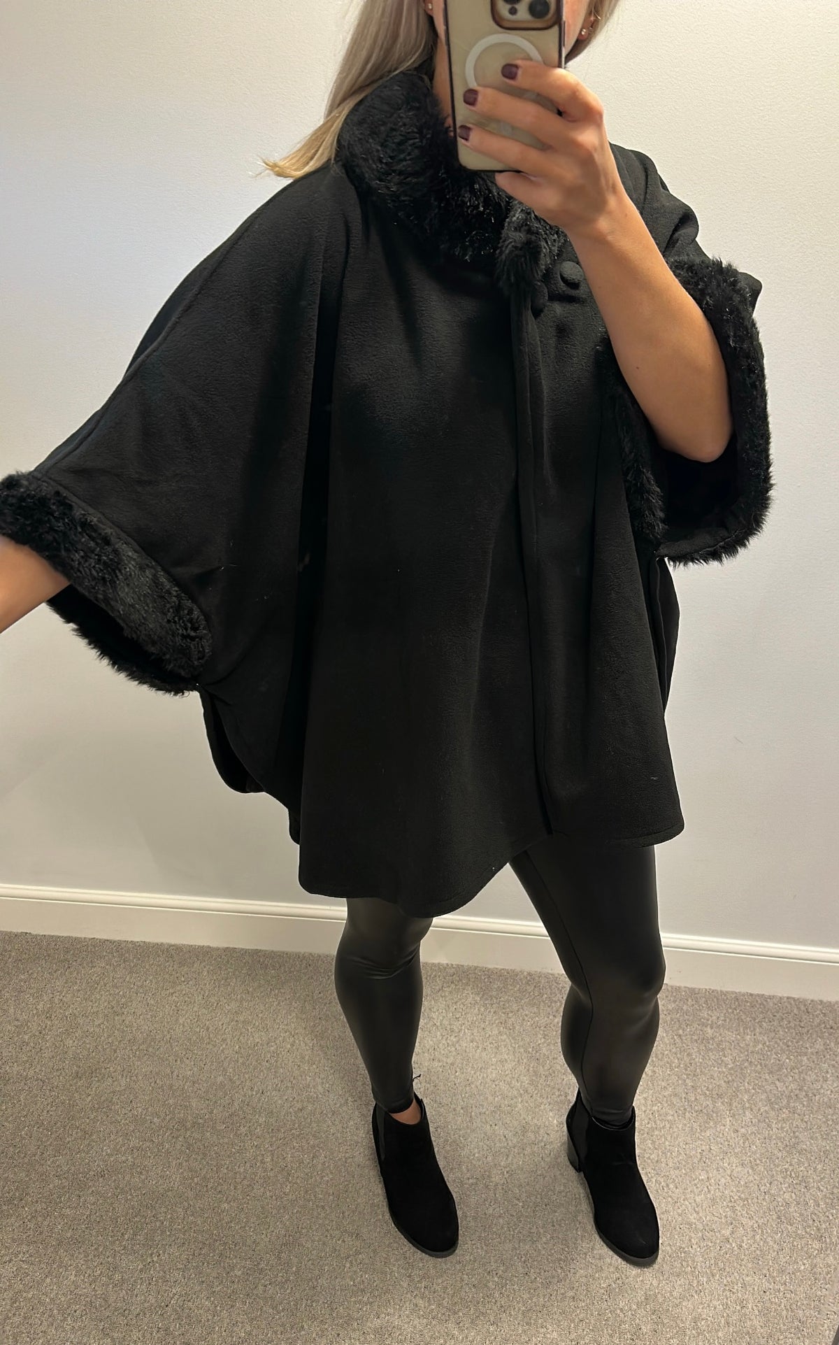 Very black faux fur poncho one size