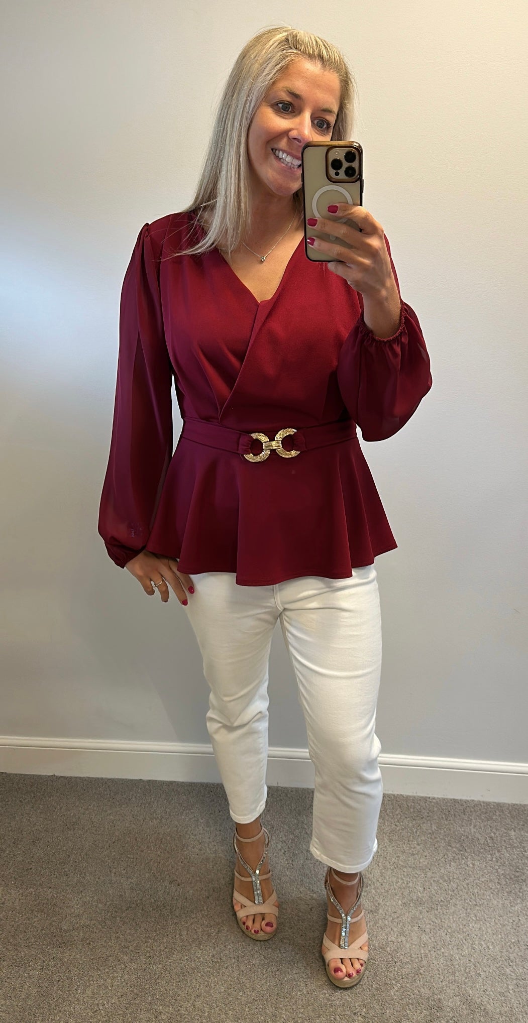 Quiz burgundy and gold buckle top size 16