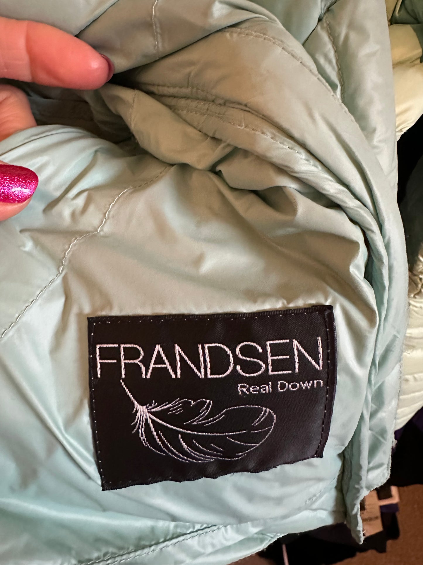 Frandsen real down feather mint green quilted jacket size 12