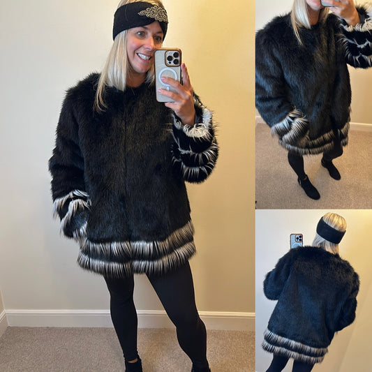 Limited edition black faux fur coat with pockets size 18