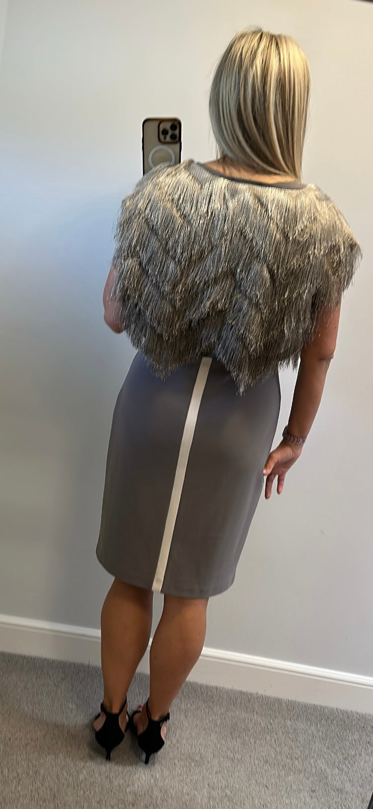 Frank Lyman taupe dress and fringed overlay capelet top size 14