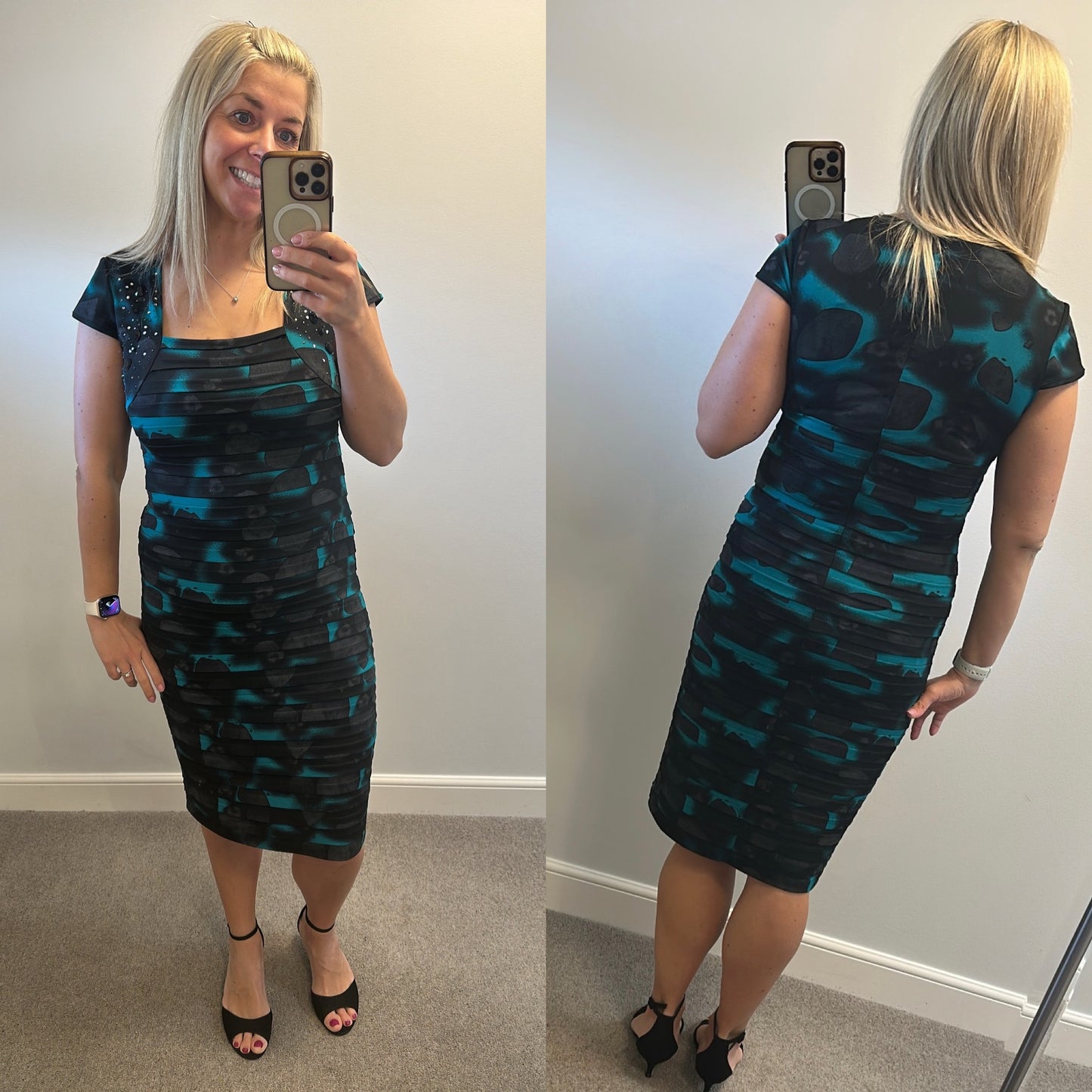 “Gold” black and green embellished dress size 14
