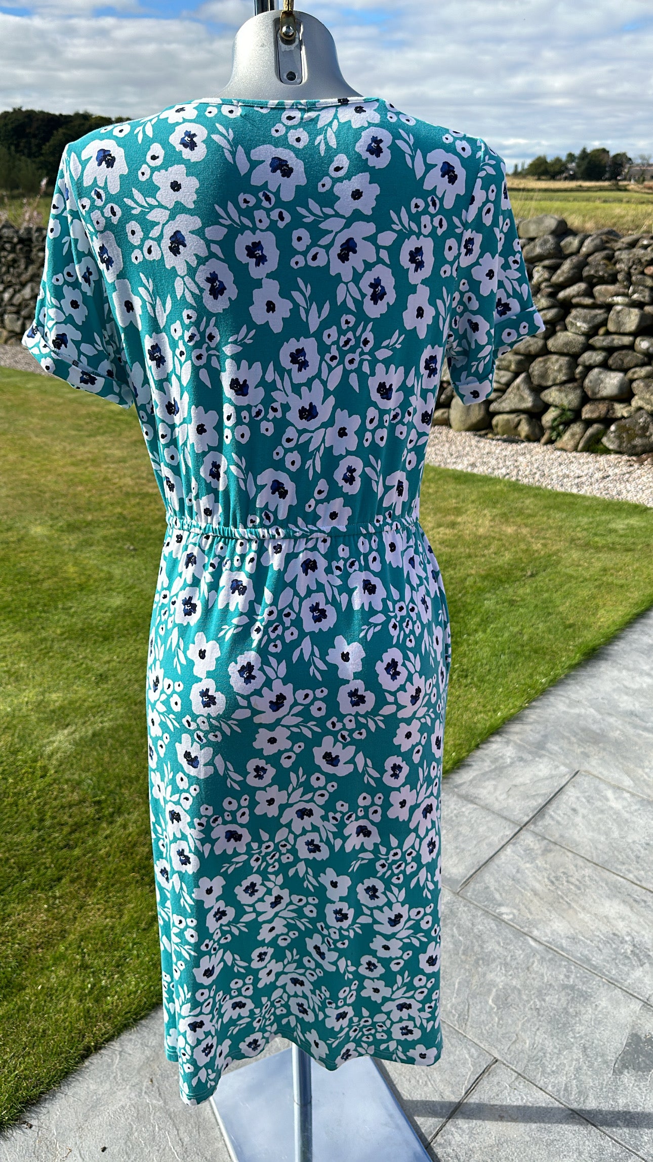 Wool Overs turquoise floral cotton print dress size S with pockets