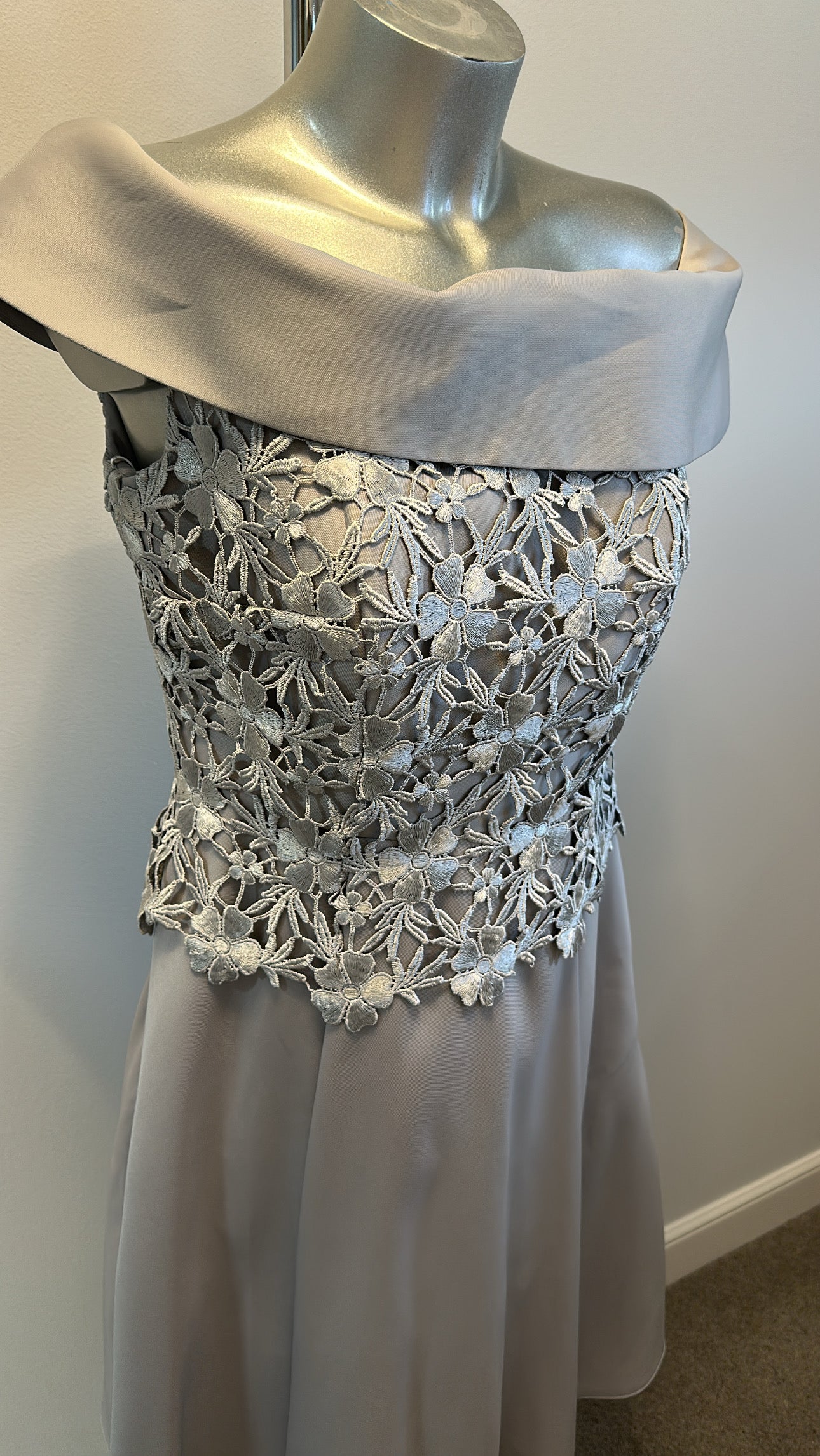Sonia Pena silver grey lace occasional off shoulder dress