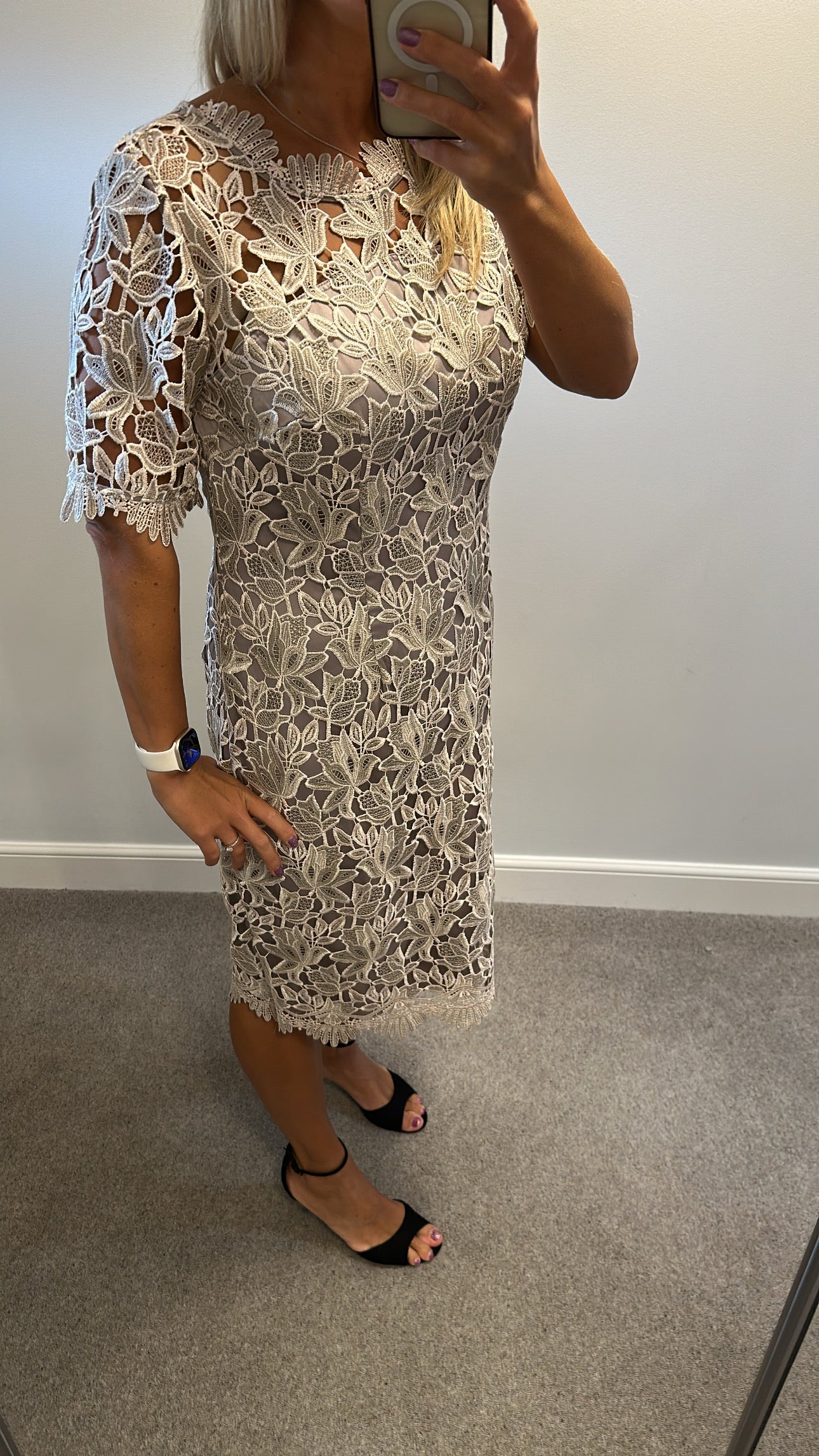 Kaleidoscope champagne gold / taupe lace dress size 14