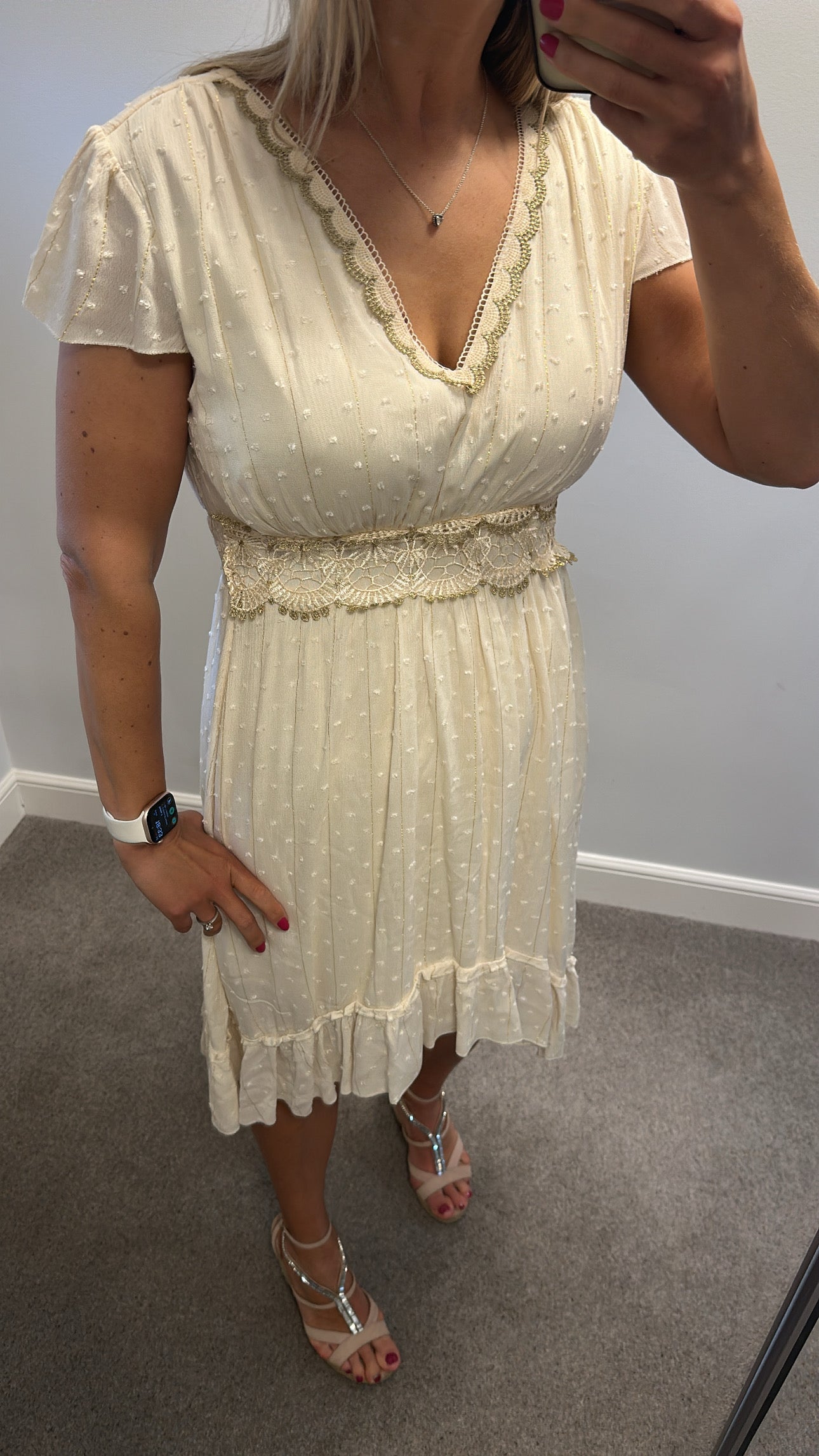 Azara cream and gold summer dress would fit upto size 14