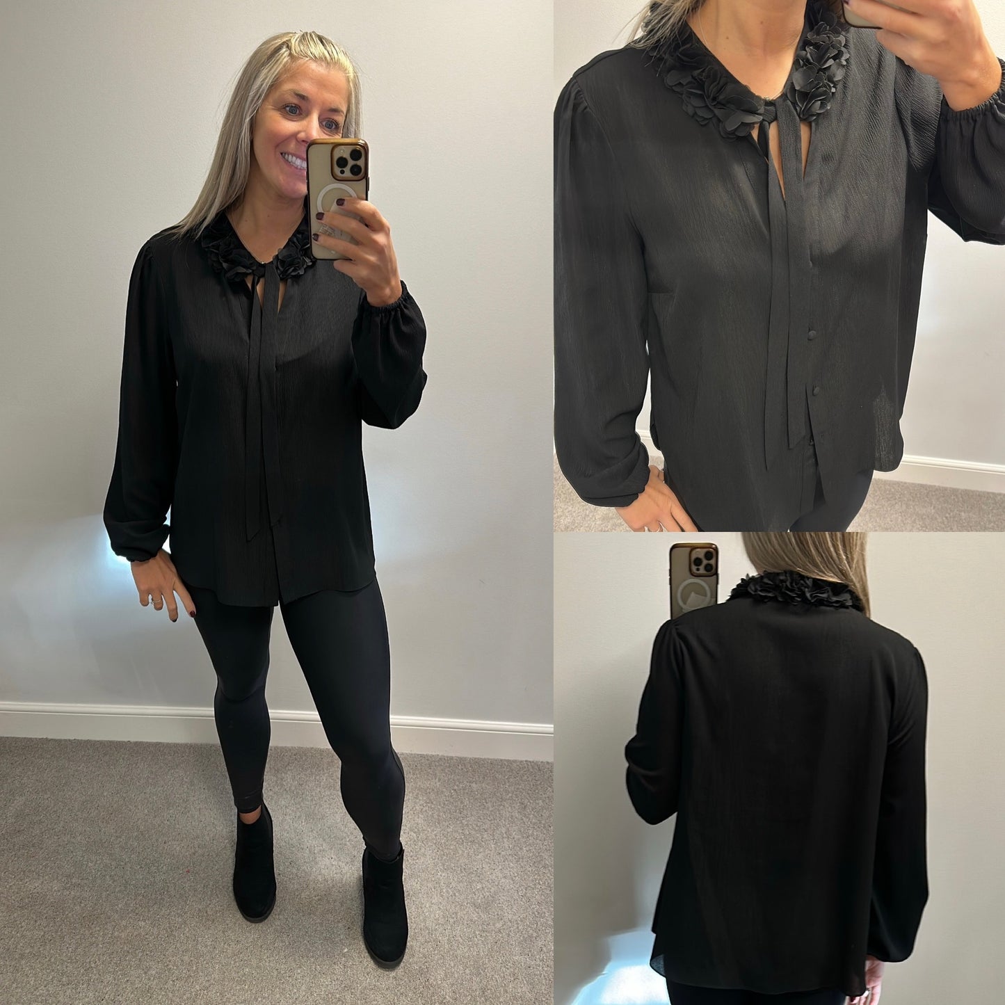 River island black blouse with ruffle collar size 16