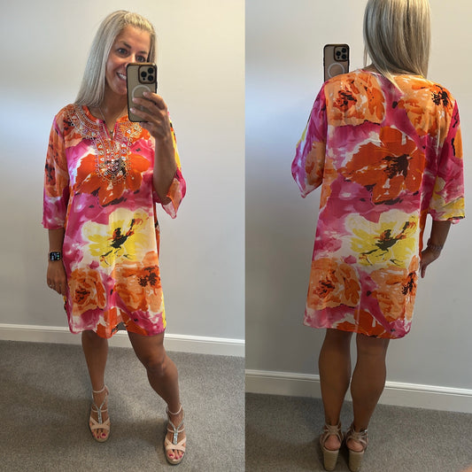 Spanish boutique Orange and pink embellished kimono one size fitting upto size 16