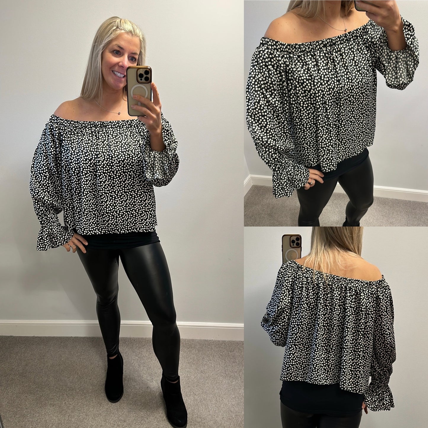 H&M black polka dot off shoulder top size M would fit upto size 16