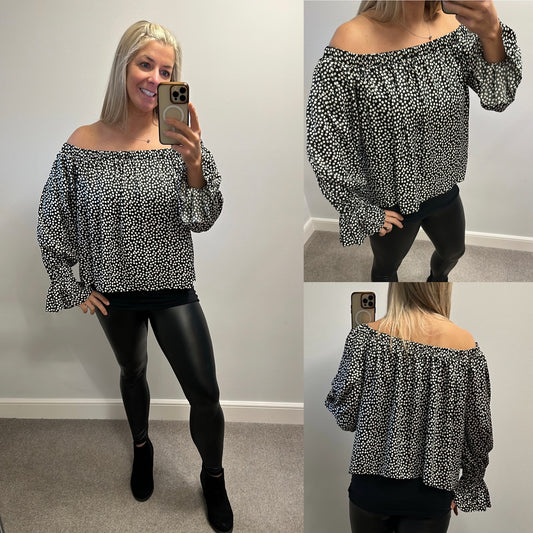 H&M black polka dot off shoulder top size M would fit upto size 16