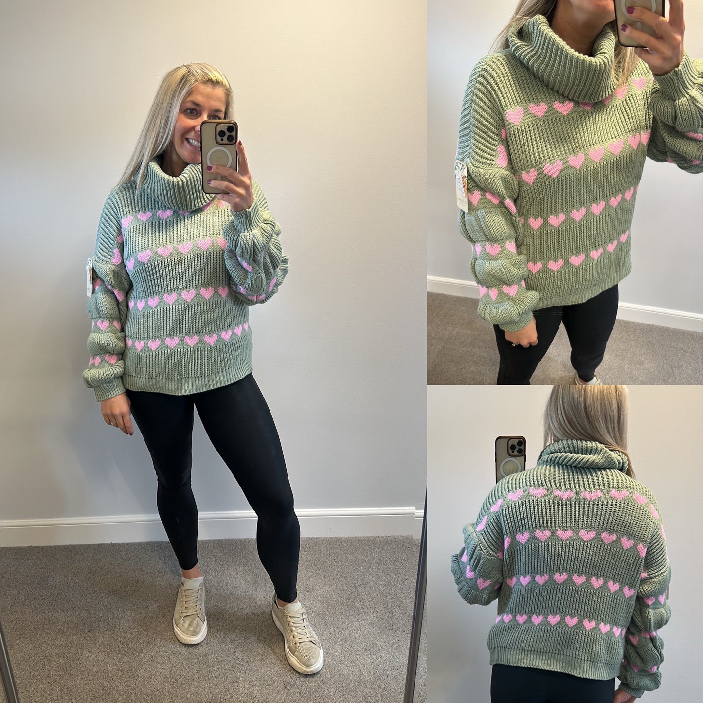 F.Fashion green and pink heart knitted jumper one size fitting upto size 16 brand new with tags